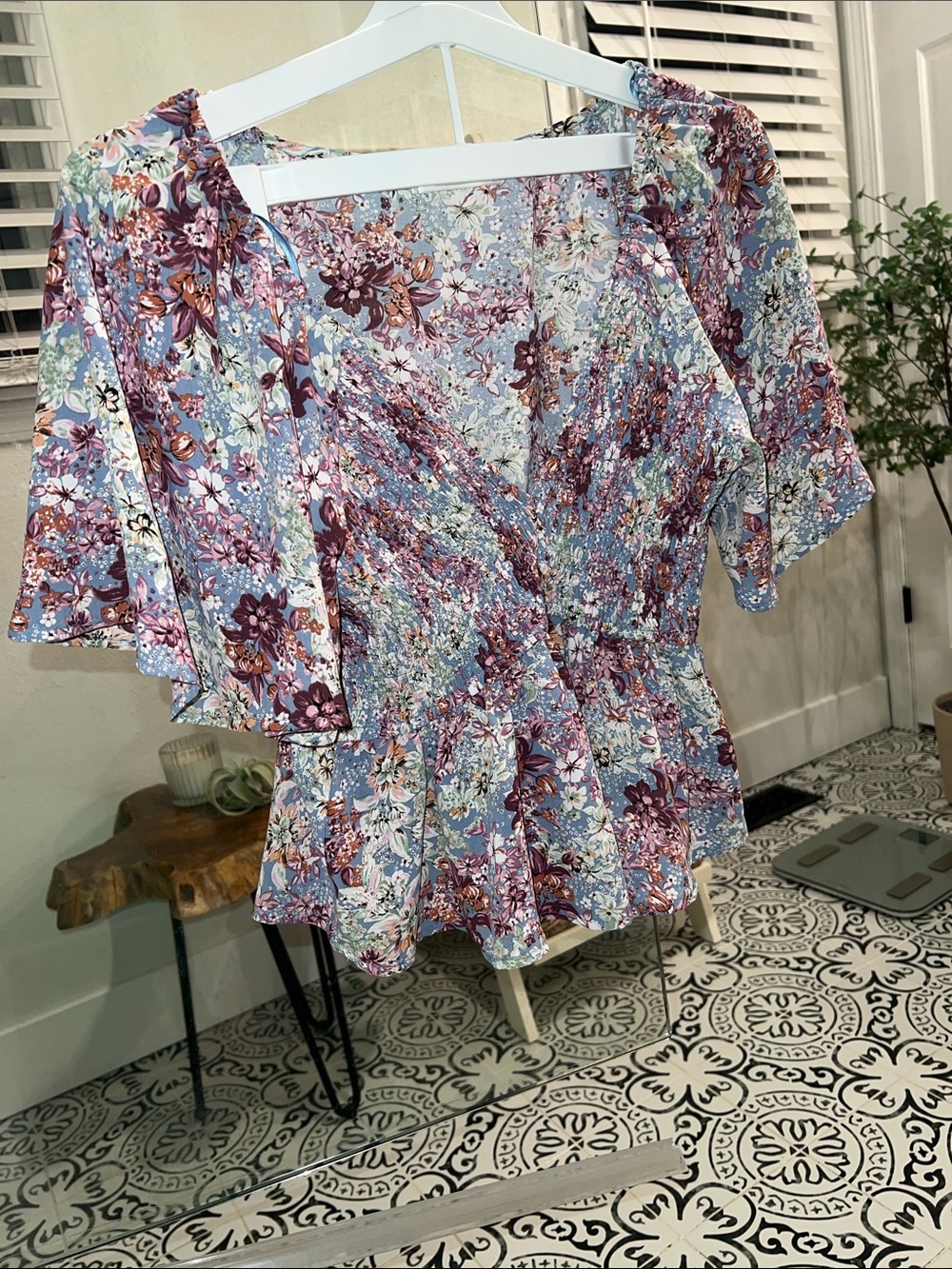 Smocked Peplum Floral Blouse - Lavender Multi
